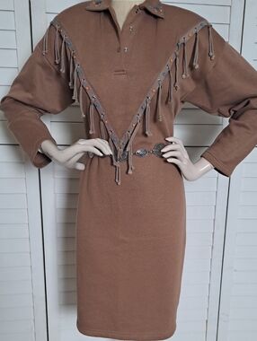 80's Vintage Fringe Tan Tassel Dress Turquoise Stud Santa Fe Western L
